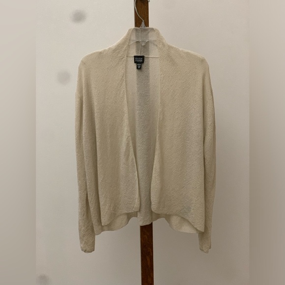 Women's Medium Ivory Cream Wool Crepe Eileen Fisher Open Front Cardigan Top - Picture 4 of 14